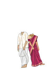 Elegant Wedding Couple Caricature &ndash; Off-White Shirt & Maroon Saree Vector for South Indian Traditions & Invitations