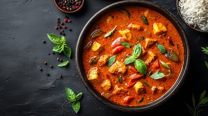 Spicy Chicken Curry, vegetables, rice, dark background, food photography, recipe