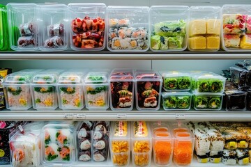 Prepared sushi and other Asian cuisine in clear containers.  Rows of  fresh food, ready-to-eat options