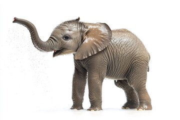  A playful baby elephant spraying water with its trunk, set against a clean white background. 