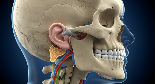 This detailed medical illustration showcases the human skull and adjacent anatomical structures with an accurate representation.