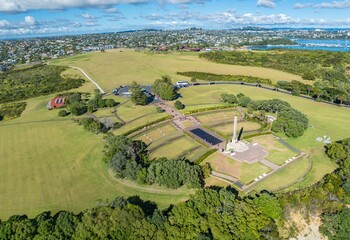 Aerial view of Michael Joseph Savage Memorial. People visit the park to reflect and enjoy the views...