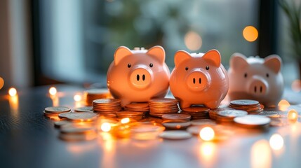 Piggy banks surrounded by coins create a cozy financial setting with warm lights in the background
