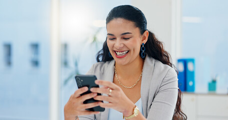 Office, businesswoman and smile with smartphone for chat, online joke and reel comment on social...
