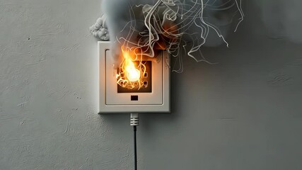 A faulty electrical outlet sparks flames and smoke indoors, highlighting the dangers of poor wiring and electrical safety awareness