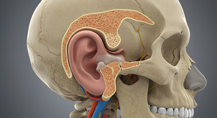 This image presents a detailed anatomical view of the human skull, highlighting the ear and jaw.