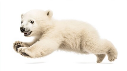  A polar bear cub playfully tumbling on a white background. 