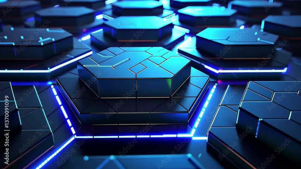 Poster hexagonal grid pattern illuminated by blue lights, showcasing a futuristic digital environment with 