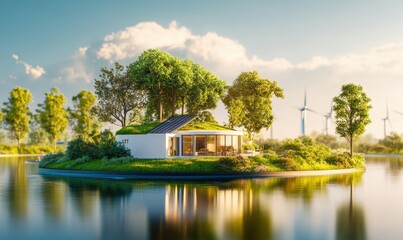 Obraz premium Eco-friendly island house with solar panels, wind turbines, and lush greenery at sunset
