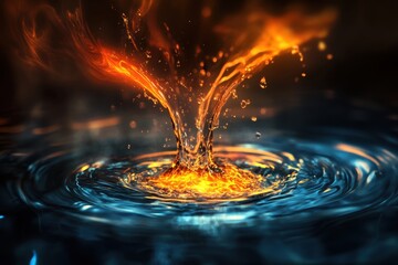 Fiery liquid splash in water, dark background, abstract art