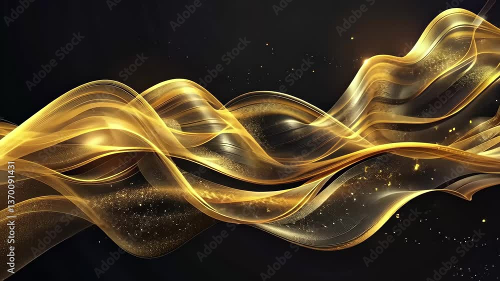 Poster golden waves of light and sparkle flow gracefully against a dark background, creating a mesmerizing 