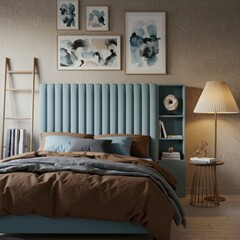 Bedroom with Blue Fluted Headboard