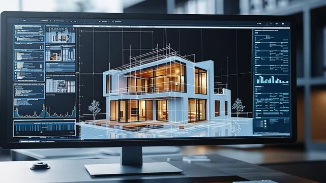 Modern House 3D Model on Computer Screen