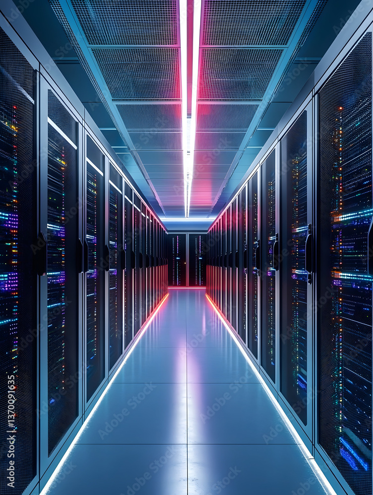 Poster server room with rows of server racks