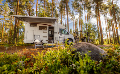 Family vacation travel RV, holiday trip in motorhome, Caravan car Vacation.