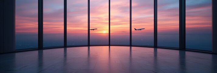 Fototapeta premium Sunset View from Modern Building with Airplanes Flying Outside