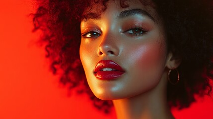 Fototapeta premium Model showcasing bold makeup under vibrant red lighting in a modern photography studio