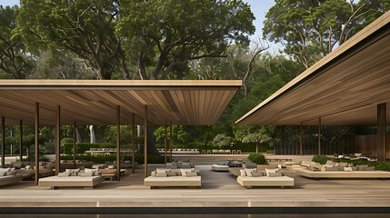 Obraz premium Luxurious outdoor lounge with wooden structures and natural surroundings