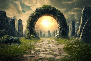 Ancient mystical stone circle in a grassy landscape