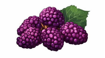 Bunch of purple grapes with green leaves in a detailed illustrative line art style