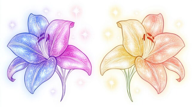 Two colorful lily flowers on a white background with an abstract floral design outline