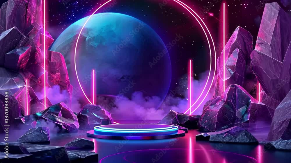 Aufkleber a vibrant futuristic landscape with illuminated rocks and planetary backdrop creating an otherworldl