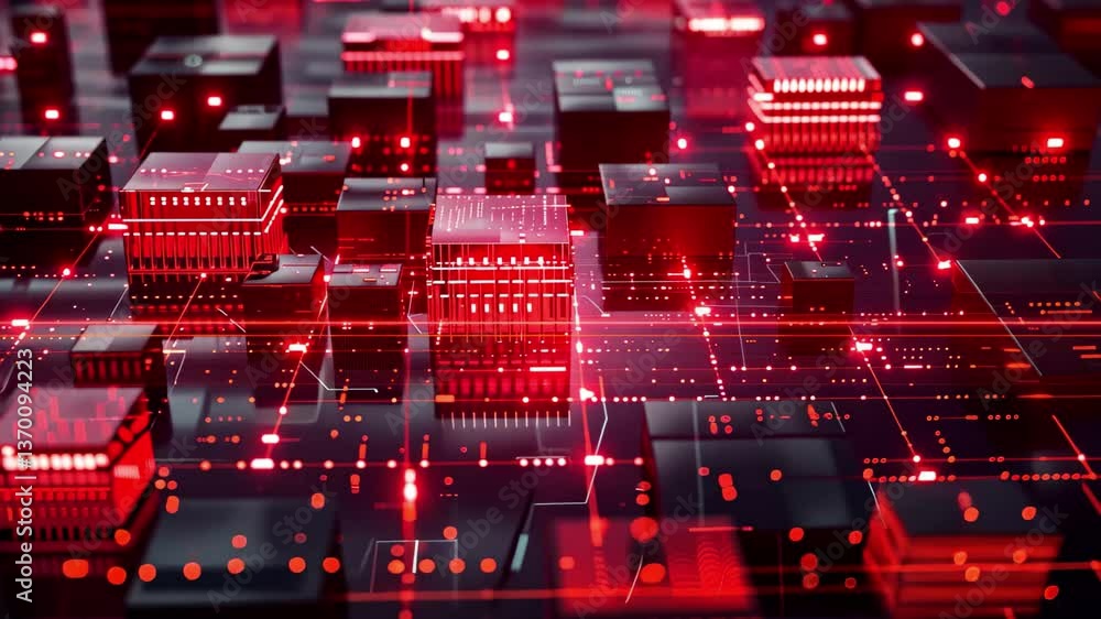 Poster abstract representation of a digital circuit board illuminated in red, showcasing intricate details 