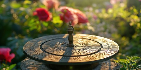 A brass sundial in a blooming garden, illuminated by warm sunlight.