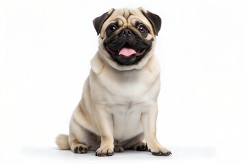 Obraz premium Adorable fawn Pug sits attentively, showcasing its wrinkled brow, black mask, and expressive eyes against a clean white background