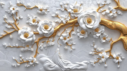 3D Gold & White Floral Branch Wall Art: Elegant Embossed Texture