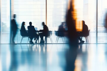 Blurred Business People in Meeting, Modern Office, City View