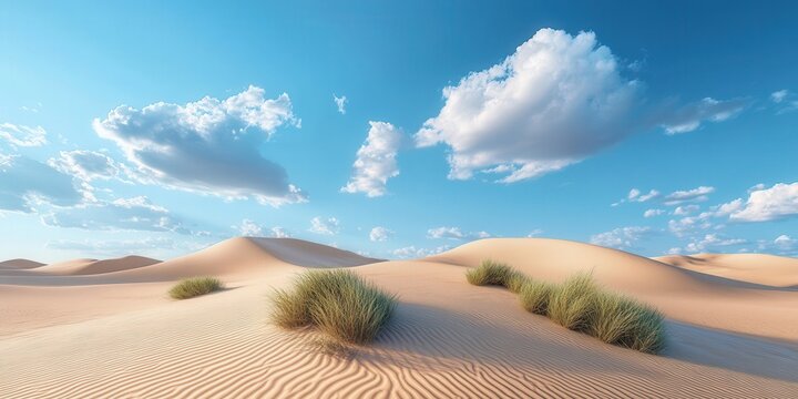 Serene desert landscape with rolling sand dunes and scattered grass tufts under a vibrant blue sky.