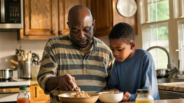 Father and son preparing breakfast together in a cozy kitchen during early morning hours, enjoying quality time and sharing a meal