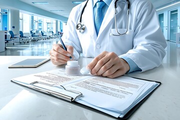 Doctor writing prescription with hospital.