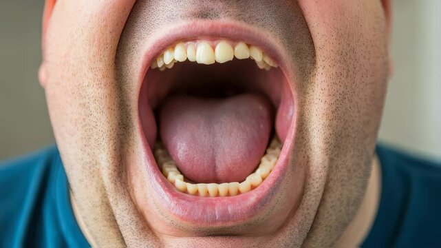Close-up view of man opening his mouth wide, showing teeth and tongue. Great for medical or dental concepts.