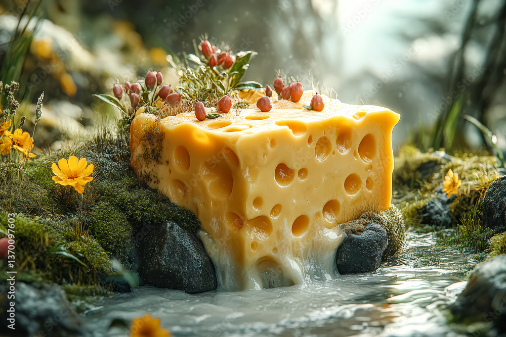 Aufkleber yellow cheese block is floating in a stream of water. the cheese is surrounded by flowers and plants