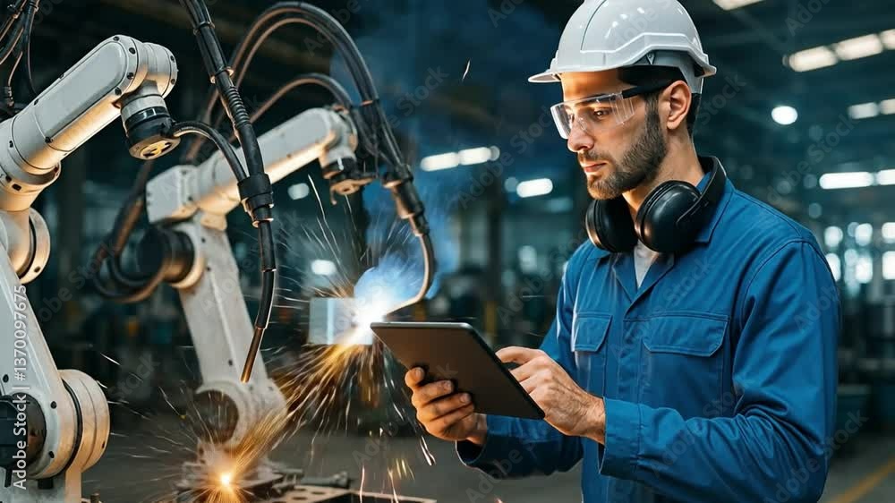 Poster factory automation: an engineer, focused on the forefront of automated manufacturing, monitors robot