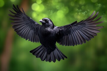 Obraz premium Raven in Flight, Green Forest