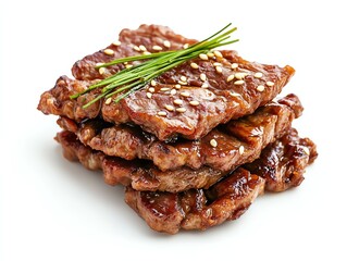 Stack of Grilled Beef Slices with Sesame Seeds and Chives on White
