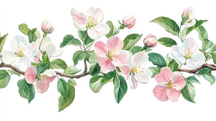Beautiful Apple Tree Branch with Pink and White Blossoms and Fresh Green Leaves, Isolated on a White Background, Capturing the Essence of Spring and Floral Beauty