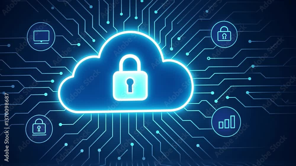 Aufkleber secure cloud data: depicts a digital cloud adorned with a lock, symbolizing data protection, interco