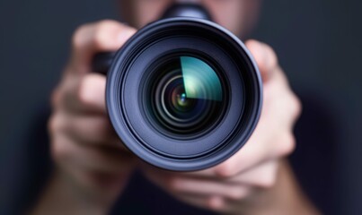 A photographer holds a professional camera lens, ready to capture the perfect image.