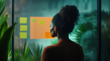 A diverse team brainstorming startup ideas on a glass board in a contemporary workspace