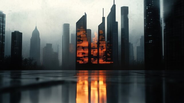 Digital art of a holographic interface displaying global financial data with skyscrapers in the background - Powered by Adobe