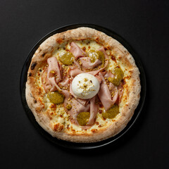 top view pizza with mortadella and burrata, on black background