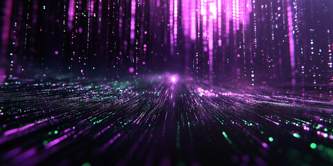 Purple data rain with glowing digital particles falling against a black background