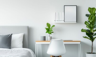 Brighten your day with this minimalist bedroom featuring a functional desk and calming green plants.
