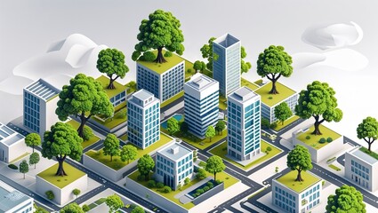 Green city skyline architecture showcases an isometric urban cityscape with vector buildings and skyscrapers