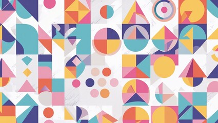 Colorful geometric shapes create a dynamic abstract minimalist background filled with circles, triangles, and squares. The design combines soft hues and bold tones in an engaging layout
