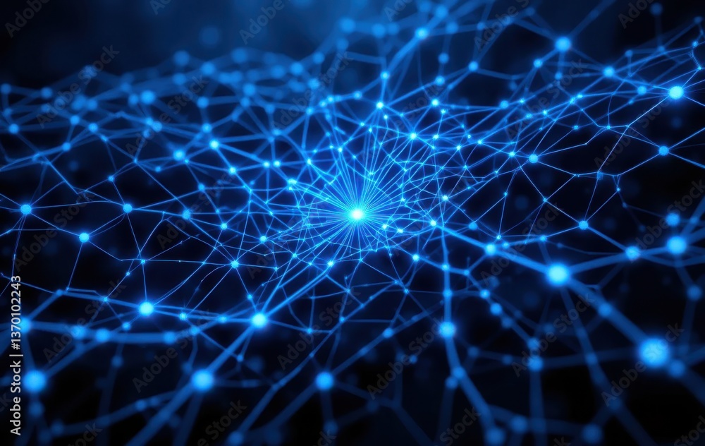 Aufkleber a glowing blue network of interconnected lines and nodes against a dark background with a central li